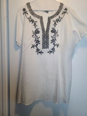 White Embroidered Tunic Top with Black Floral Detail